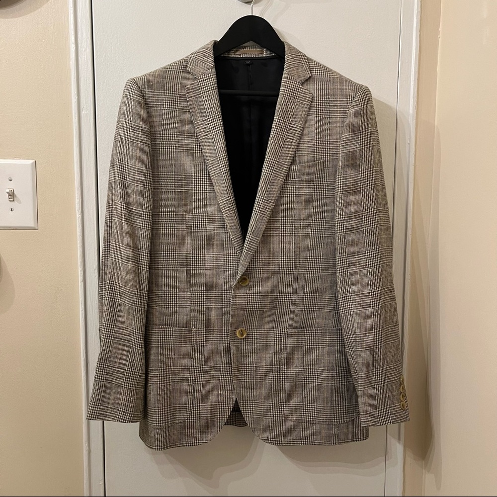 J.CREW Ludlow 38R Slim Fit Blazer Jacket Italian Silk Linen Blend Grey Plaid